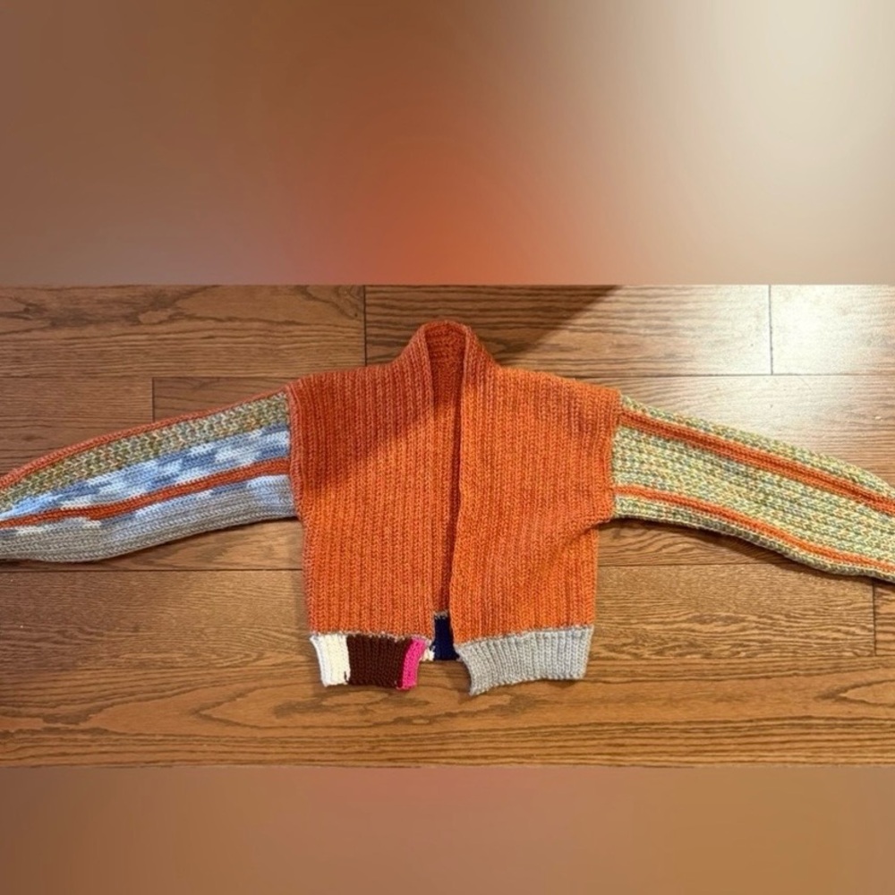 Colorblock Orange Knit Cardigan with Multicolor Sleeves